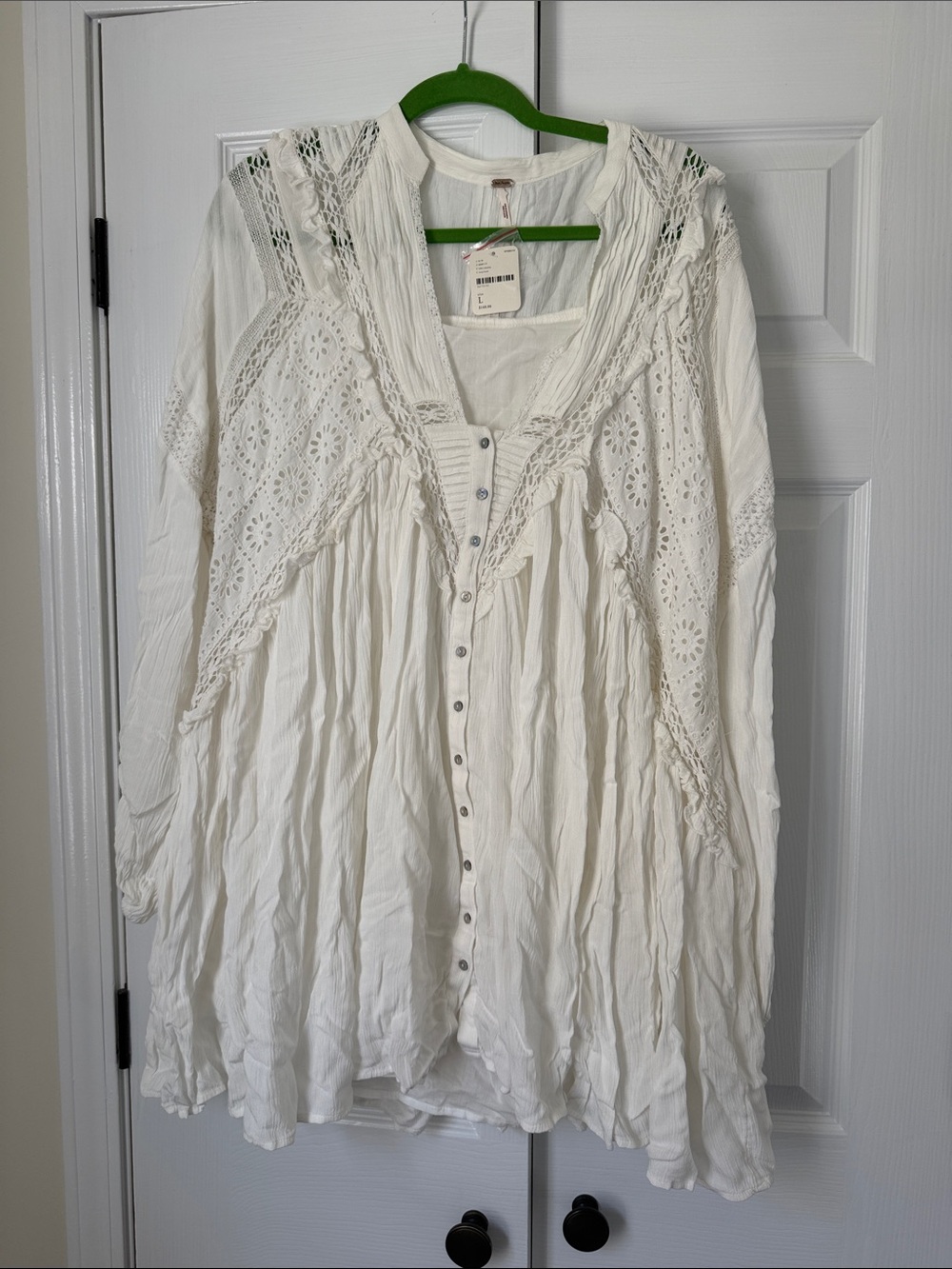 Free People White Long Sleeve Button Front Lace Trim Dress